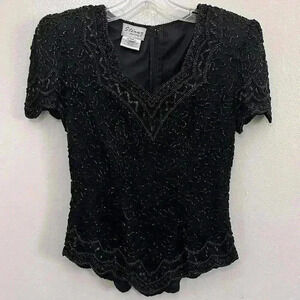 STENAY Vintage Black Beaded V-Neck Top | Size PS